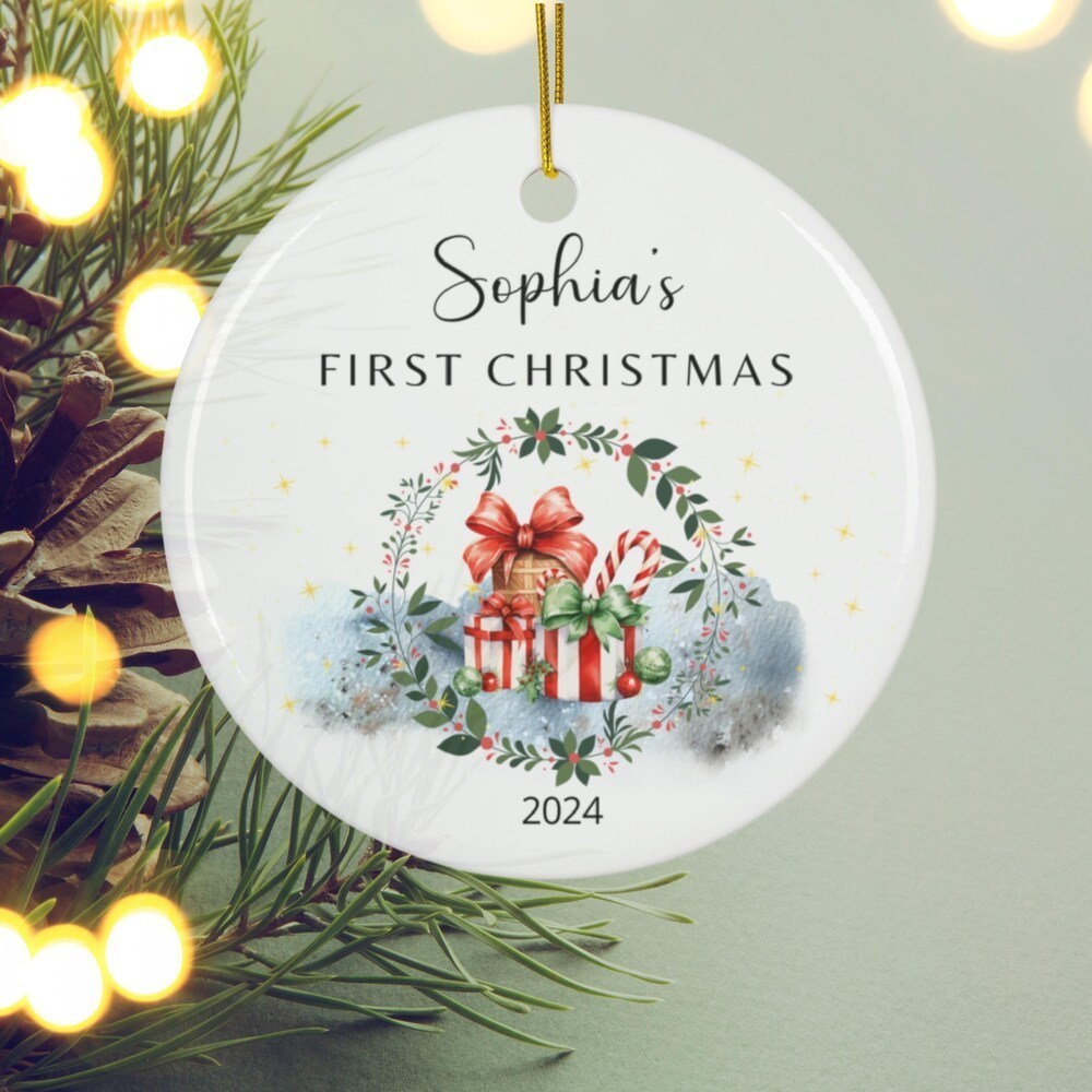Babys First Christmas Ornament Personalized Ce ramic Circle Ornament